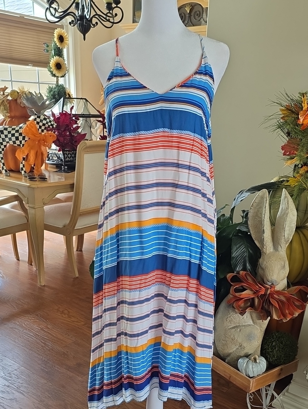 Striped Spaghetti‑Strap Maxi Dress in Blue & Multi